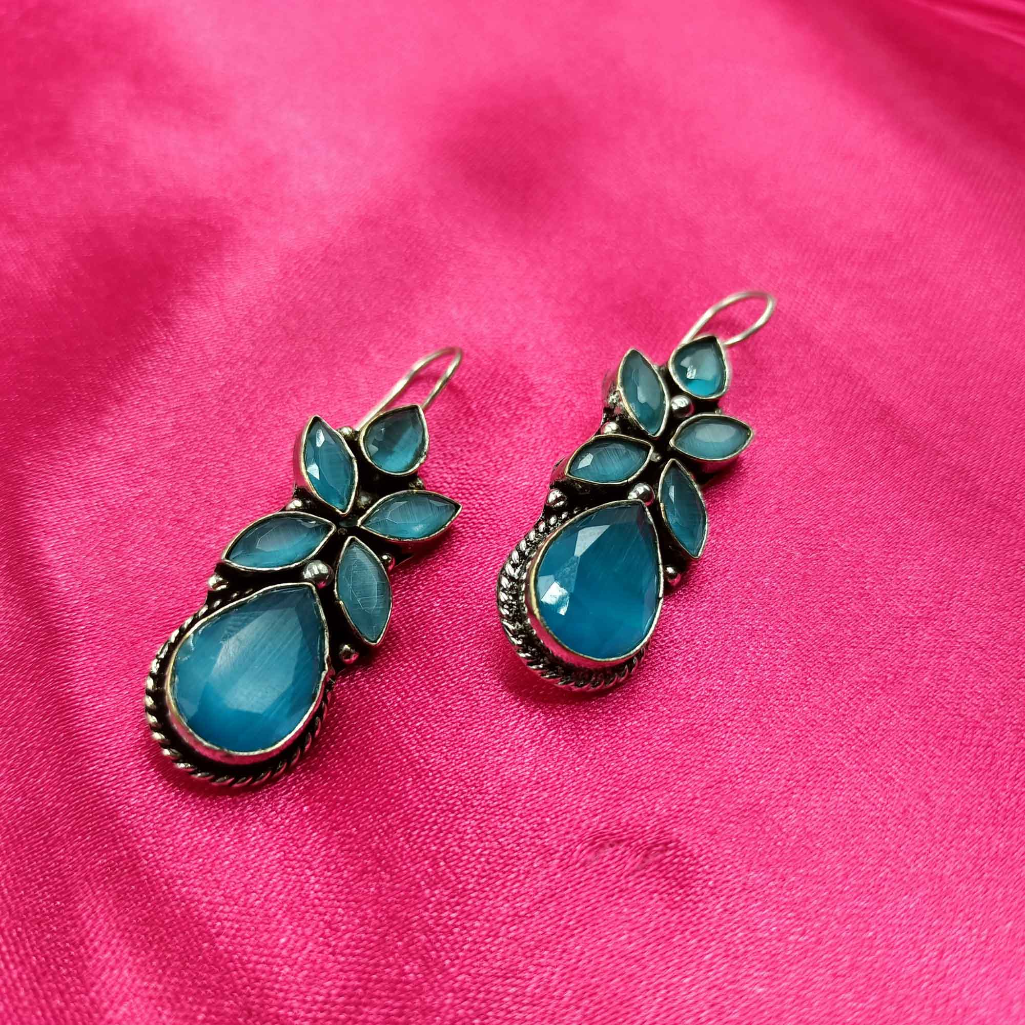 Elegant Cascade Silver Look Oxidized Blue color Drop Earrings
