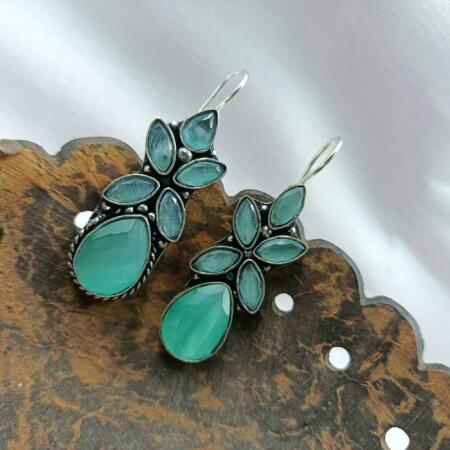 Elegant Cascade Silver Look Oxidized  Green color Drop Earrings