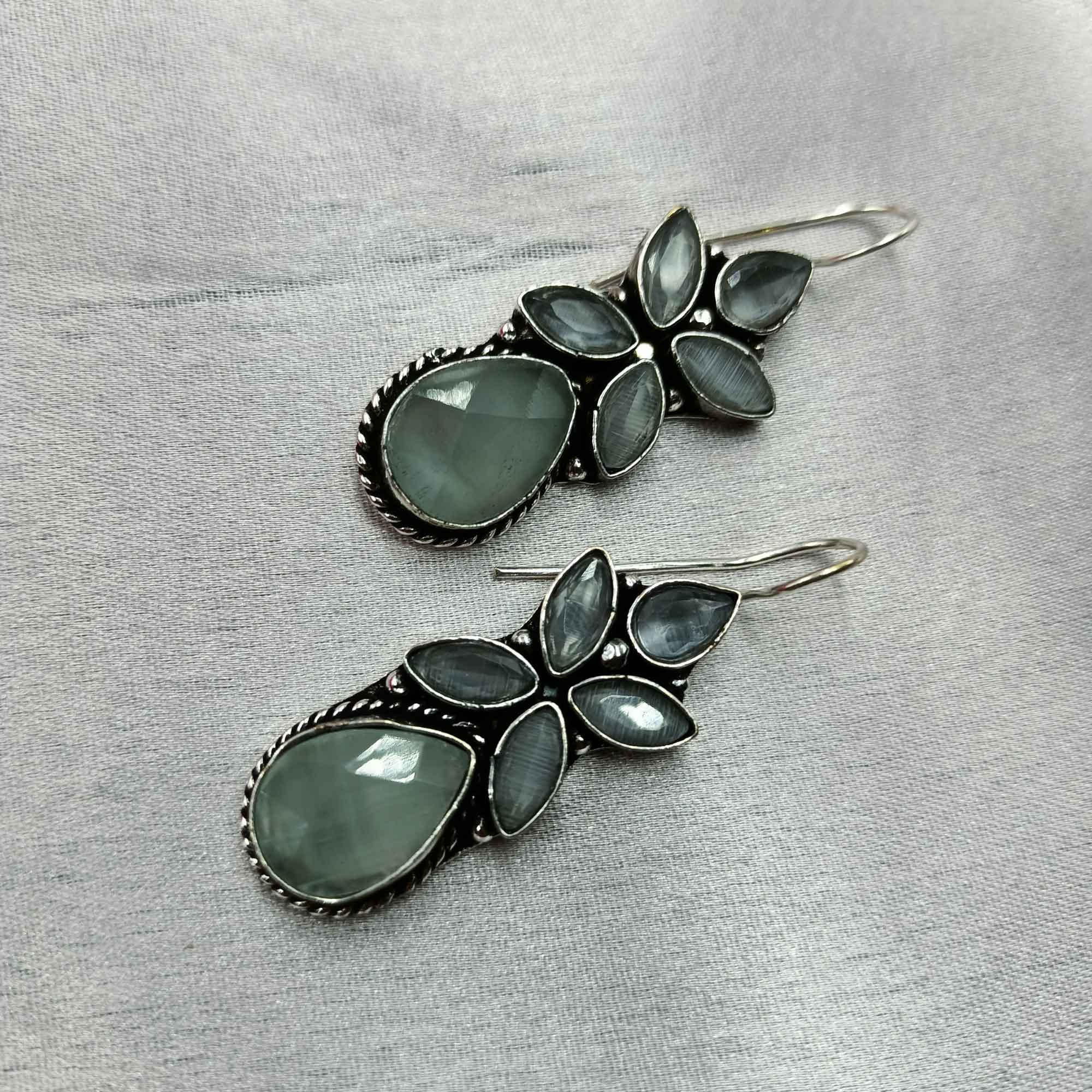 Elegant Cascade Silver Look Oxidized Grey color Drop Earrings