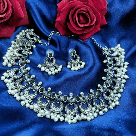 Glamorous Oxidized Silver Look Black color Necklace Set with Earrings