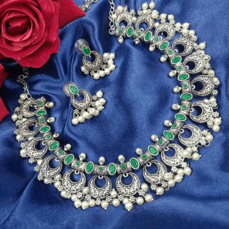 Glamorous Oxidized Silver Look Green color Necklace Set with Earrings