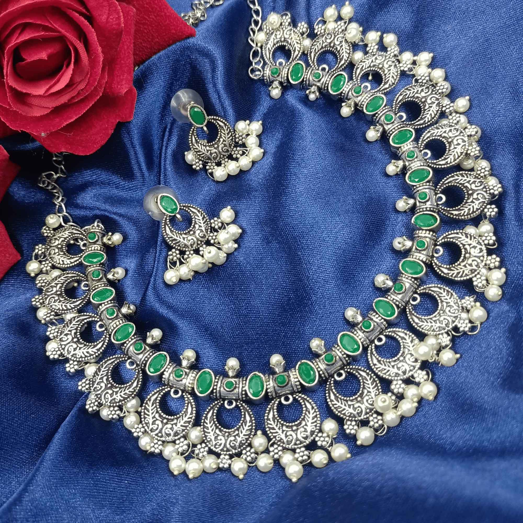 Glamorous Oxidized Silver Look Green color Necklace Set with Earrings