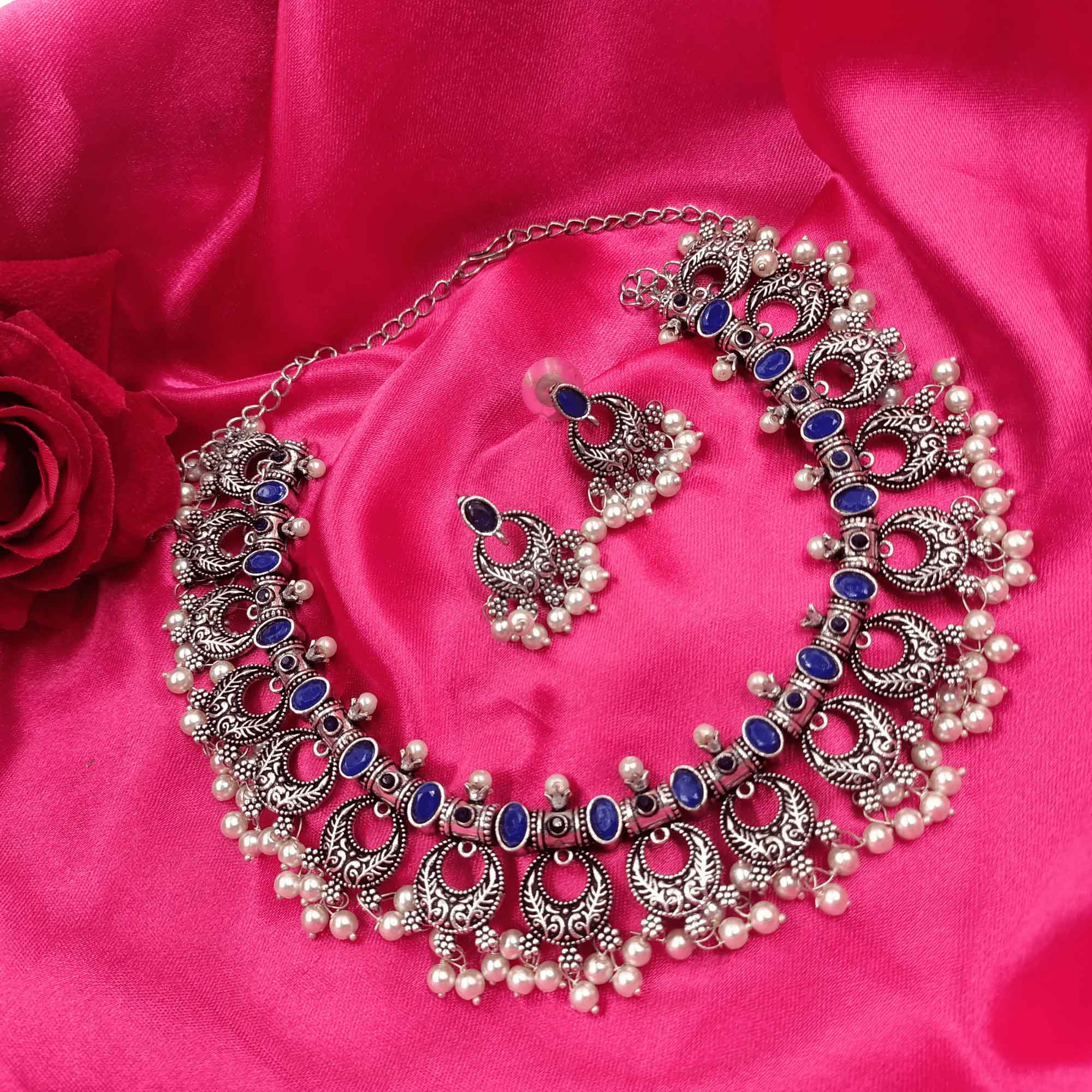 Glamorous Oxidized Silver Look Black color Necklace Set with Earrings