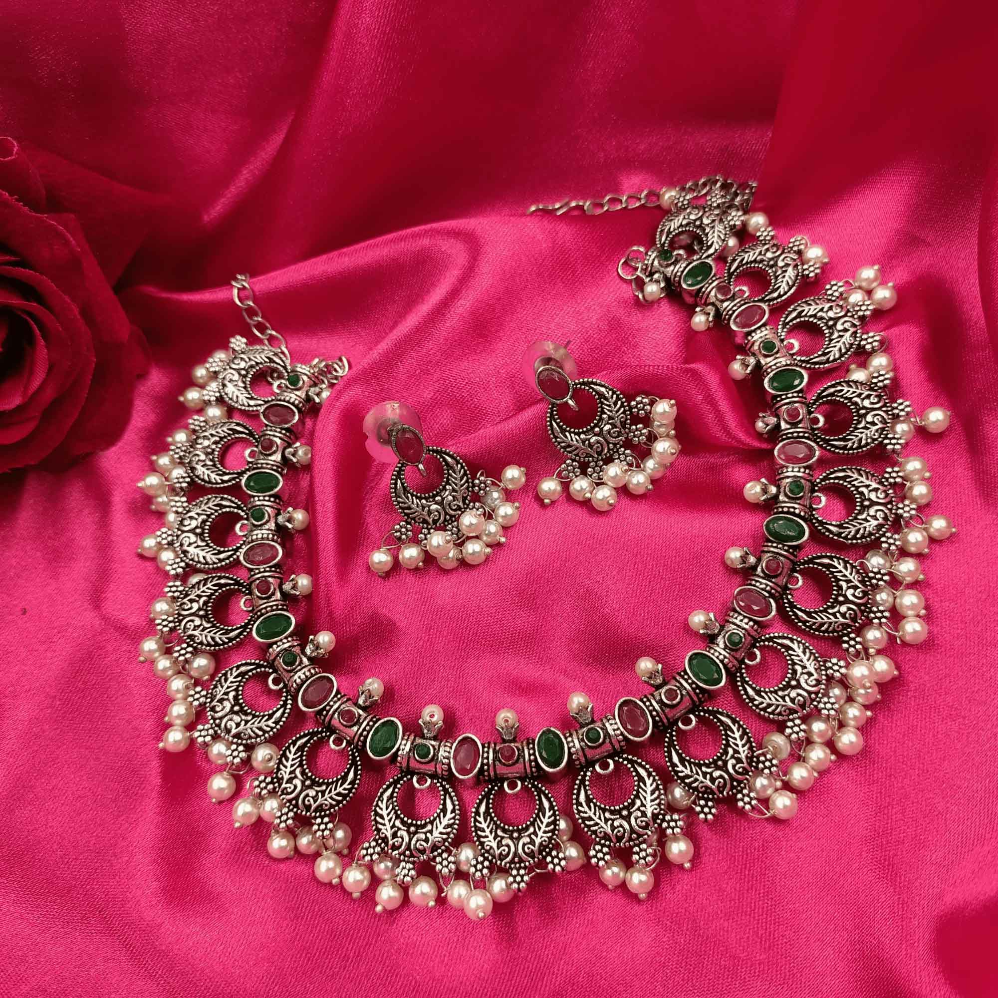 Glamorous Oxidized Silver Look Blue color Necklace Set with Earrings