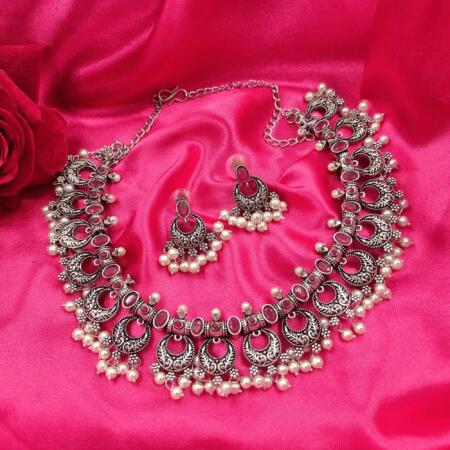 Glamorous Oxidized Silver Look Rani & Green color Necklace Set with Earrings