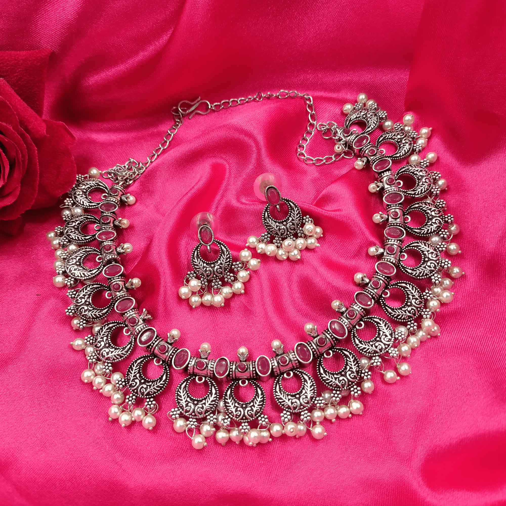 Glamorous Oxidized Silver Look Rani & Green color Necklace Set with Earrings