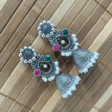 Vintage Silver Cascade Red & rani Color Chandelier Zhumki Earrings