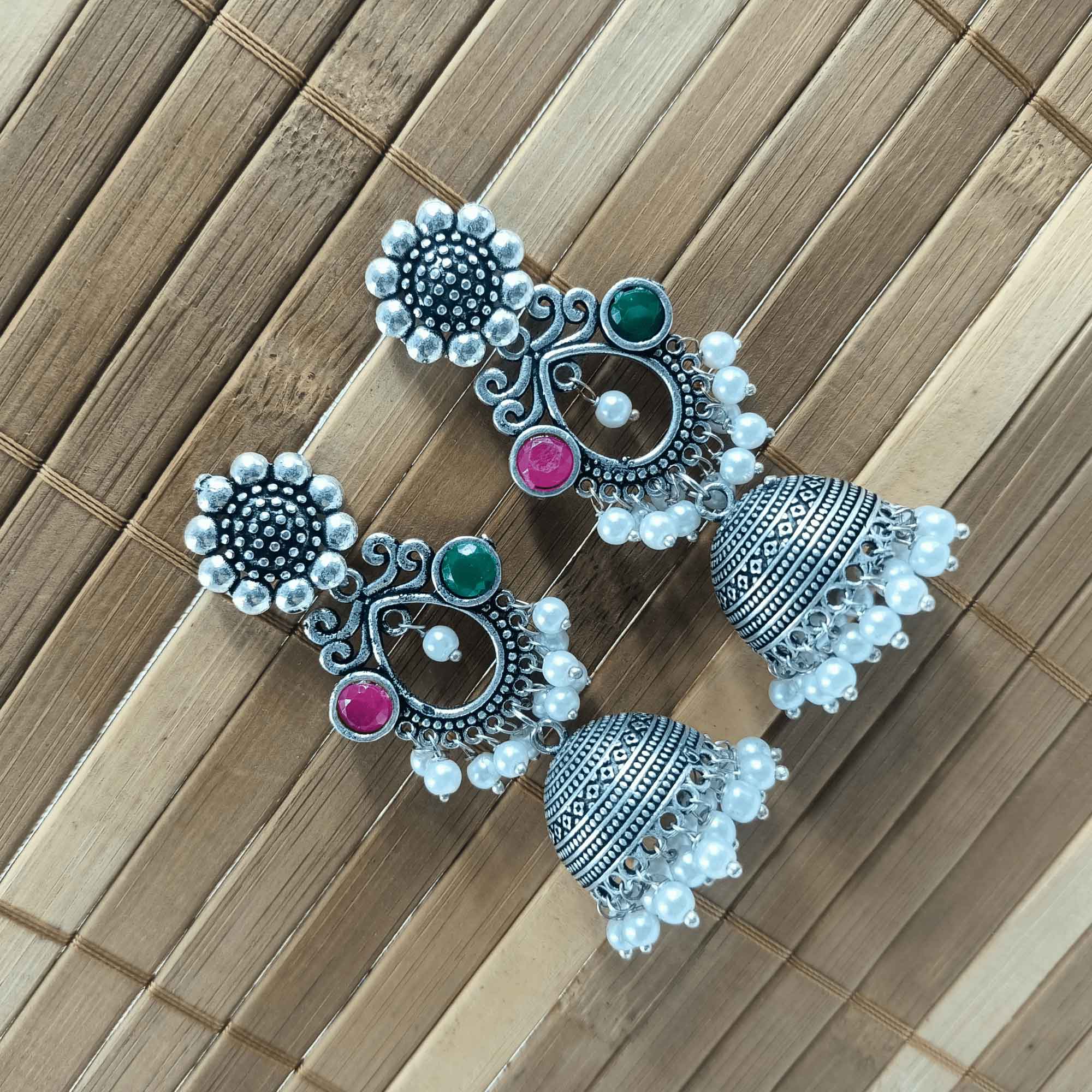 Vintage Silver Cascade Red & rani Color Chandelier Zhumki Earrings