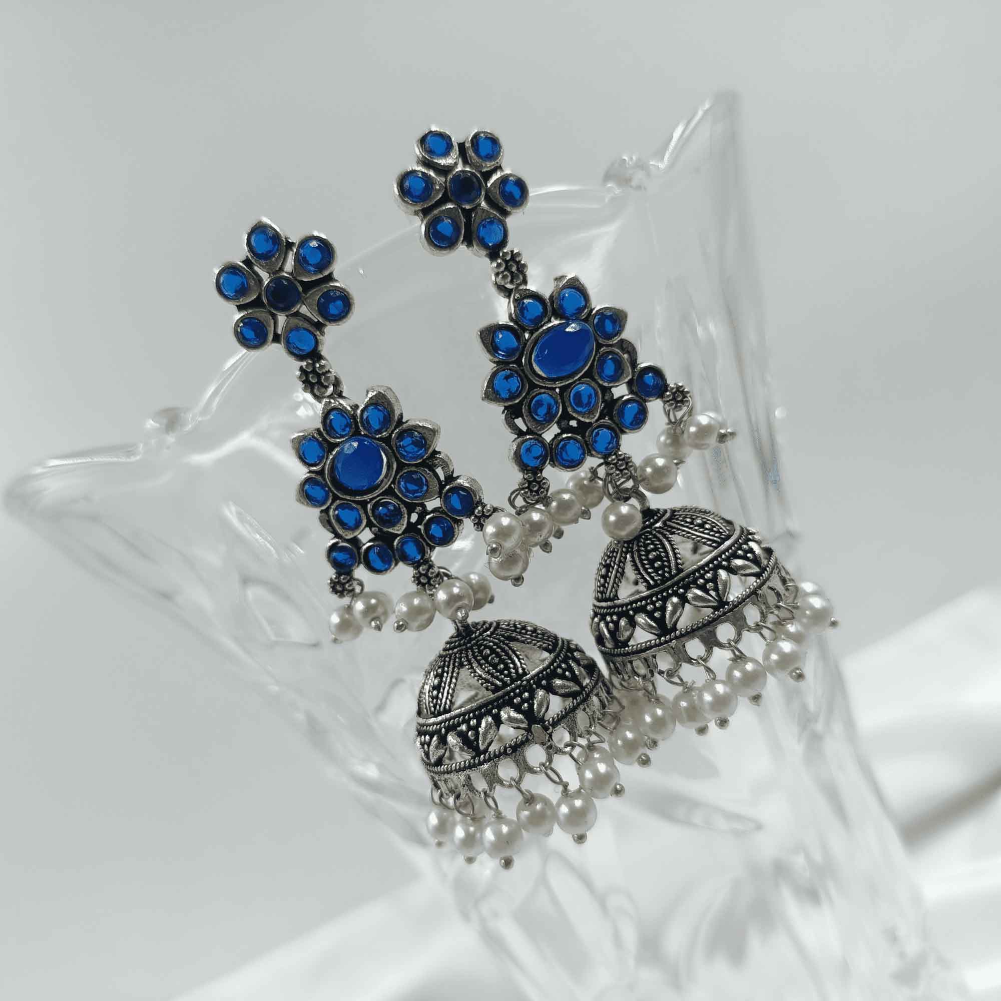 Vintage Silver Cascade Blue Color Chandelier Zhumki Earrings