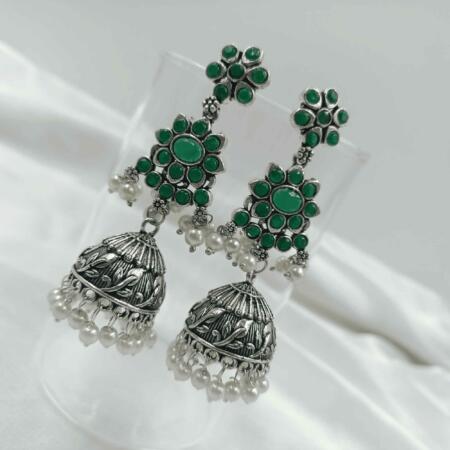 Vintage Silver Cascade Green Color Chandelier Zhumki Earrings