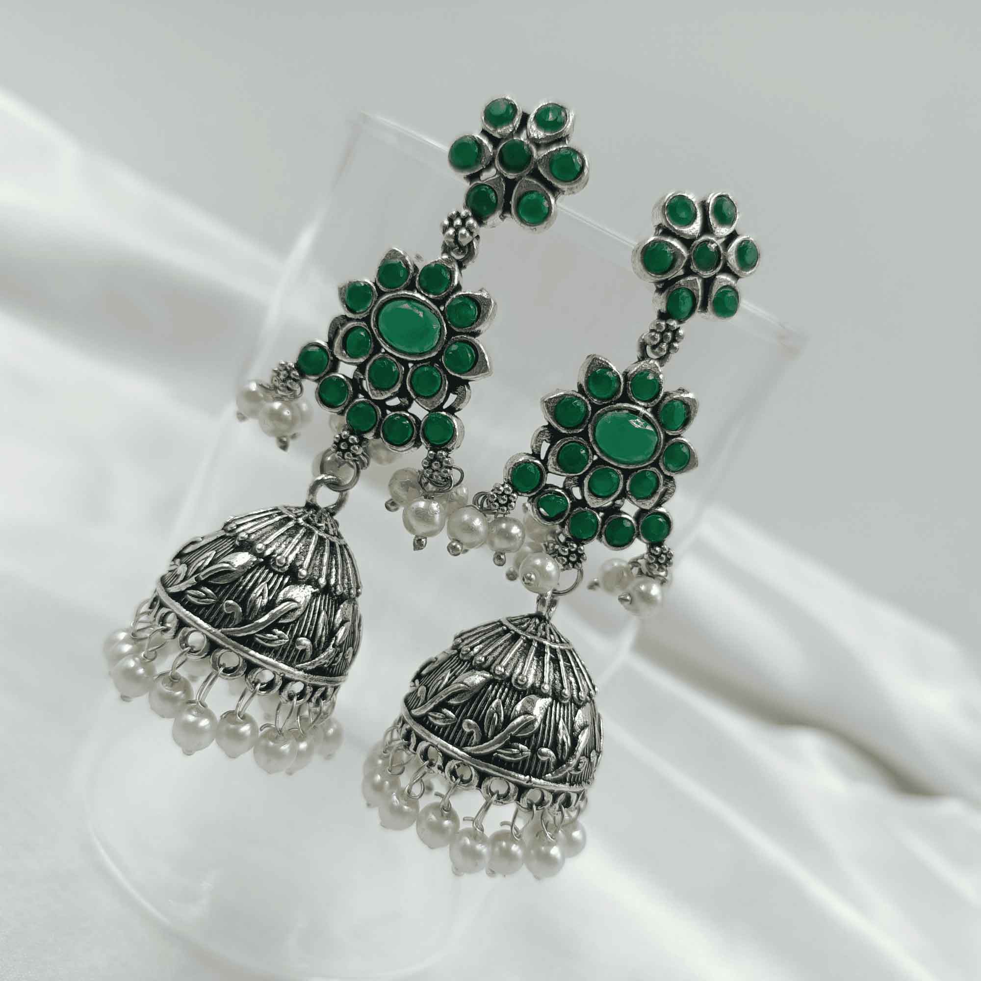 Vintage Silver Cascade Green Color Chandelier Zhumki Earrings