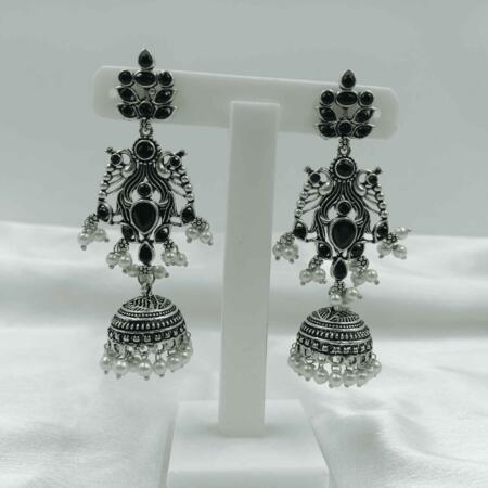 Vintage Silver Cascade Black Color Chandelier Zhumki Earrings