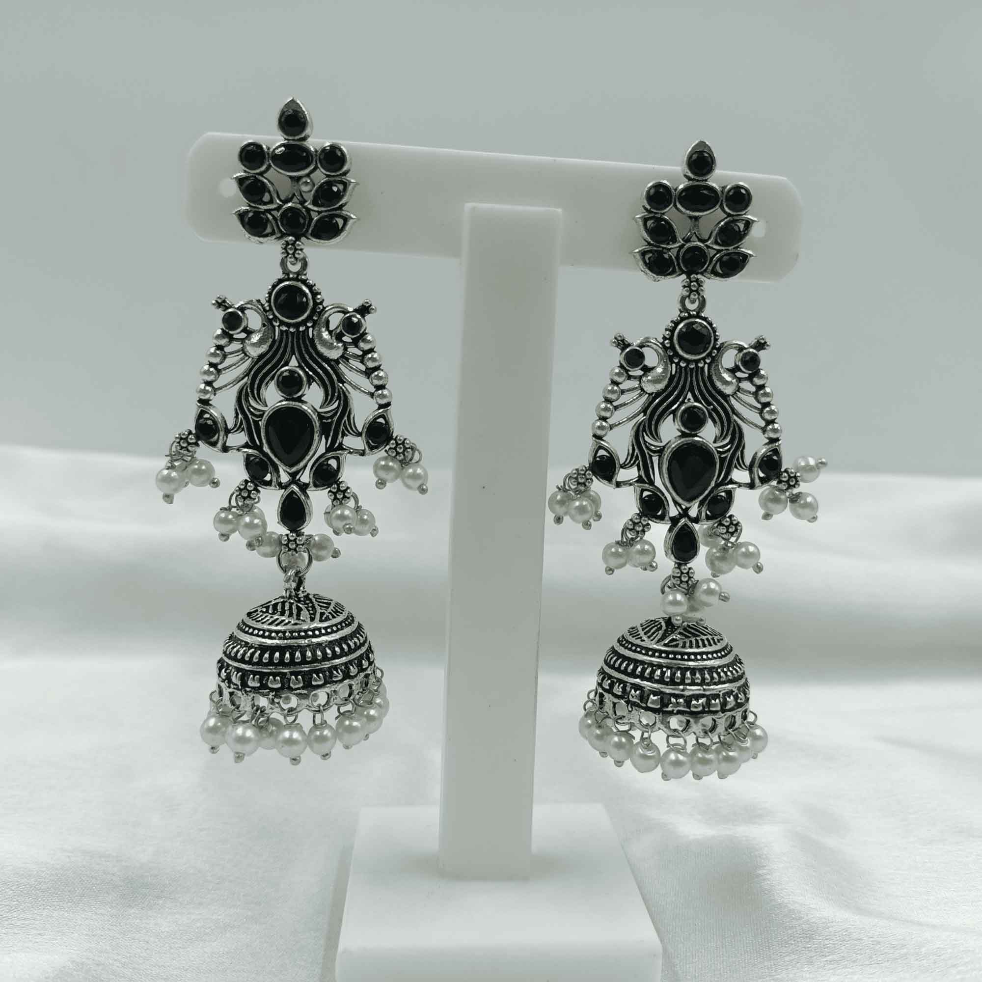 Vintage Silver Cascade Black Color Chandelier Zhumki Earrings