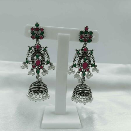 Vintage Silver Cascade Rani & Green Color Chandelier Zhumki Earrings