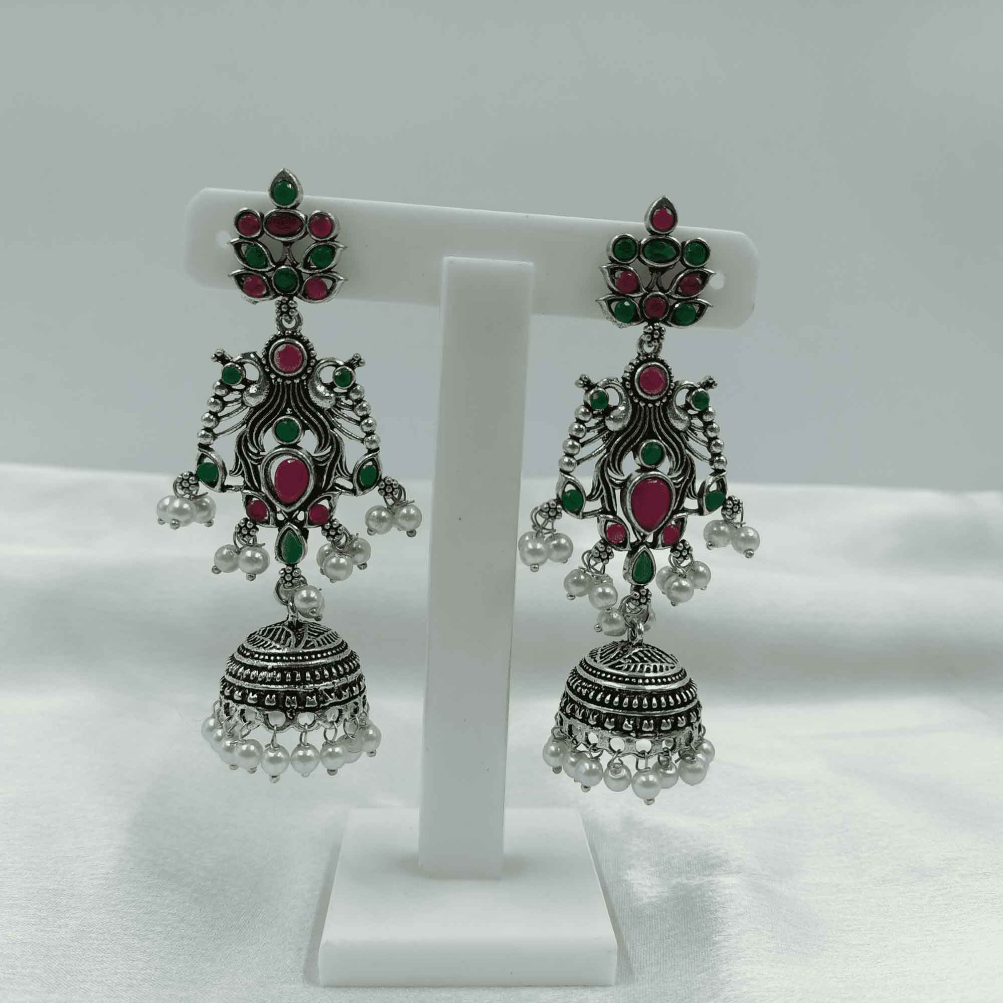 Vintage Silver Cascade Rani & Green Color Chandelier Zhumki Earrings