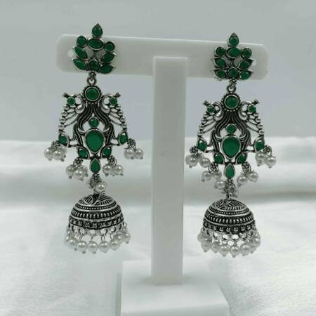 Vintage Silver Cascade Green Color Chandelier Zhumki Earrings