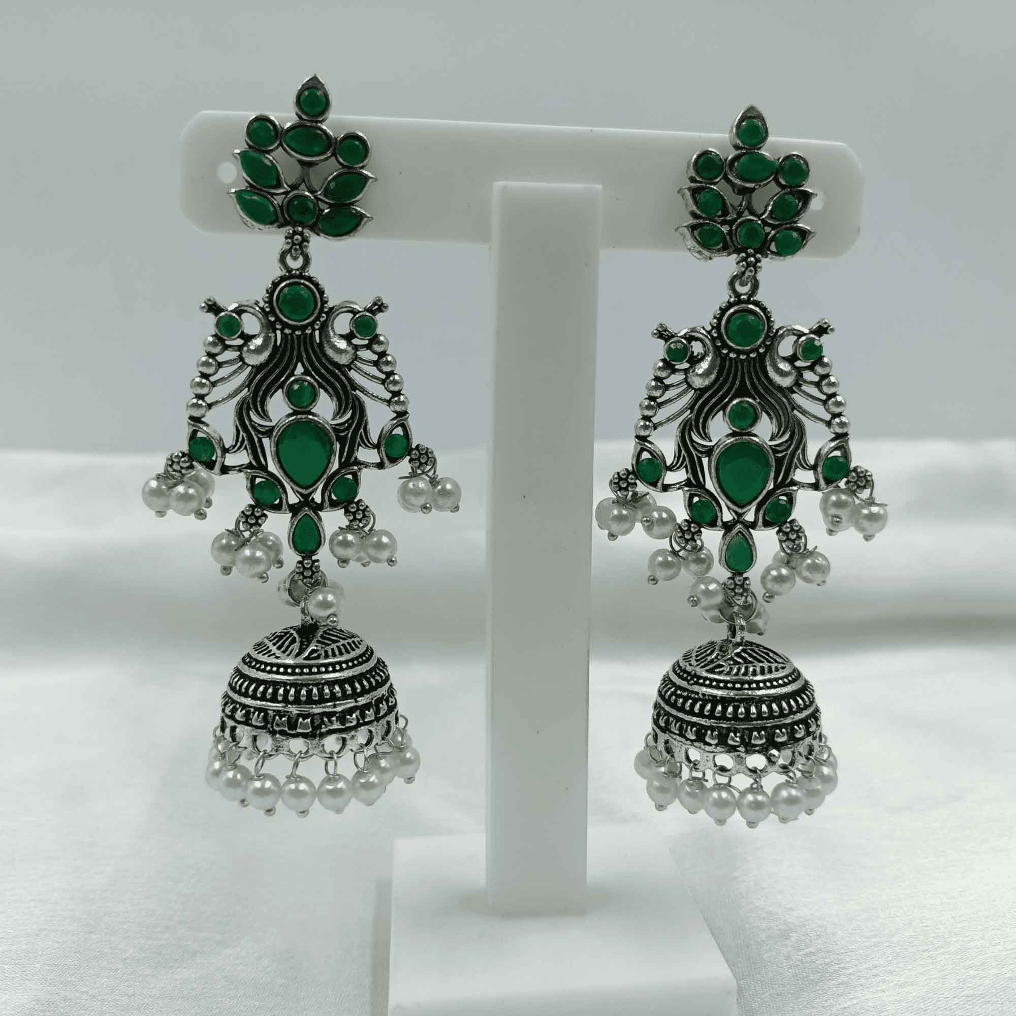 Vintage Silver Cascade Green Color Chandelier Zhumki Earrings