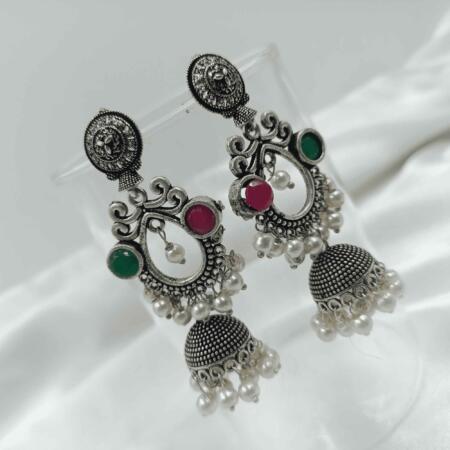 Vintage Silver Cascade Rani & Green Color Chandelier Zhumki Earrings