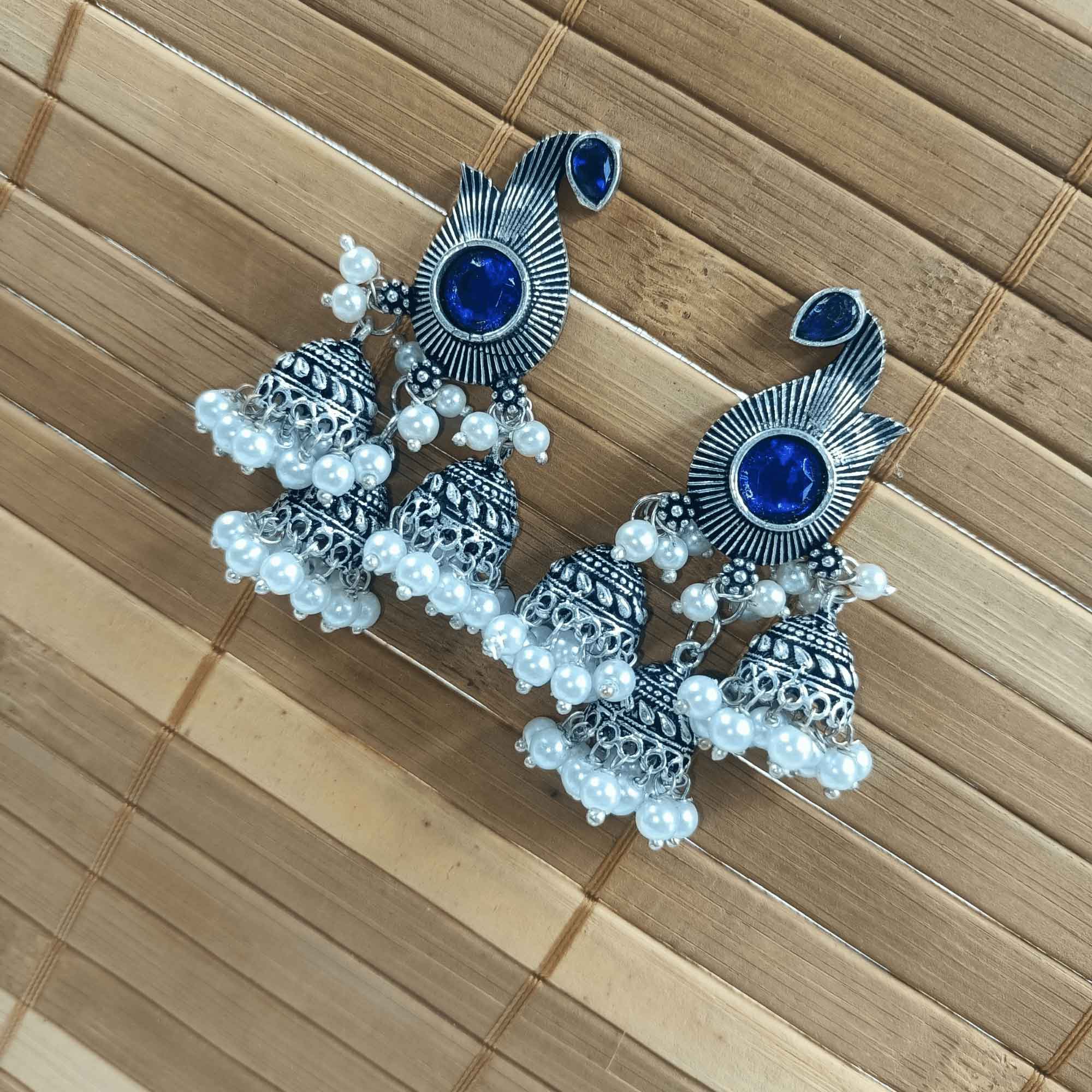 Vintage Silver Cascade Blue Color Chandelier Zhumki Earrings