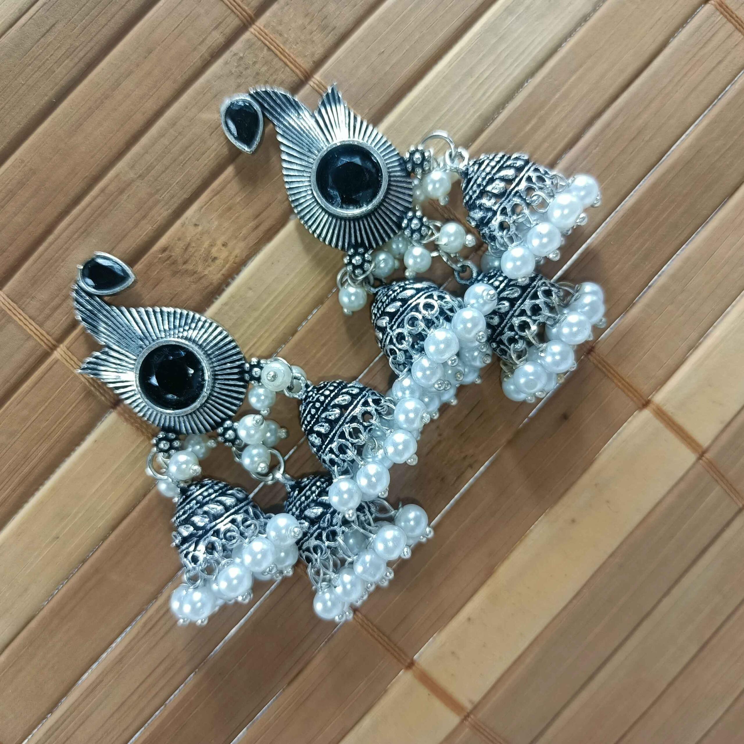 Vintage Silver Cascade Black Color Chandelier Zhumki Earrings