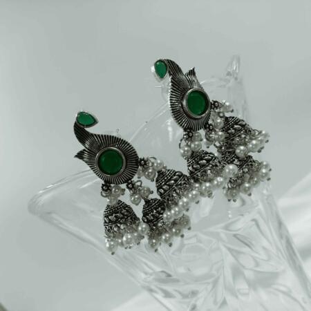 Vintage Silver Cascade Green Color Chandelier Zhumki Earrings
