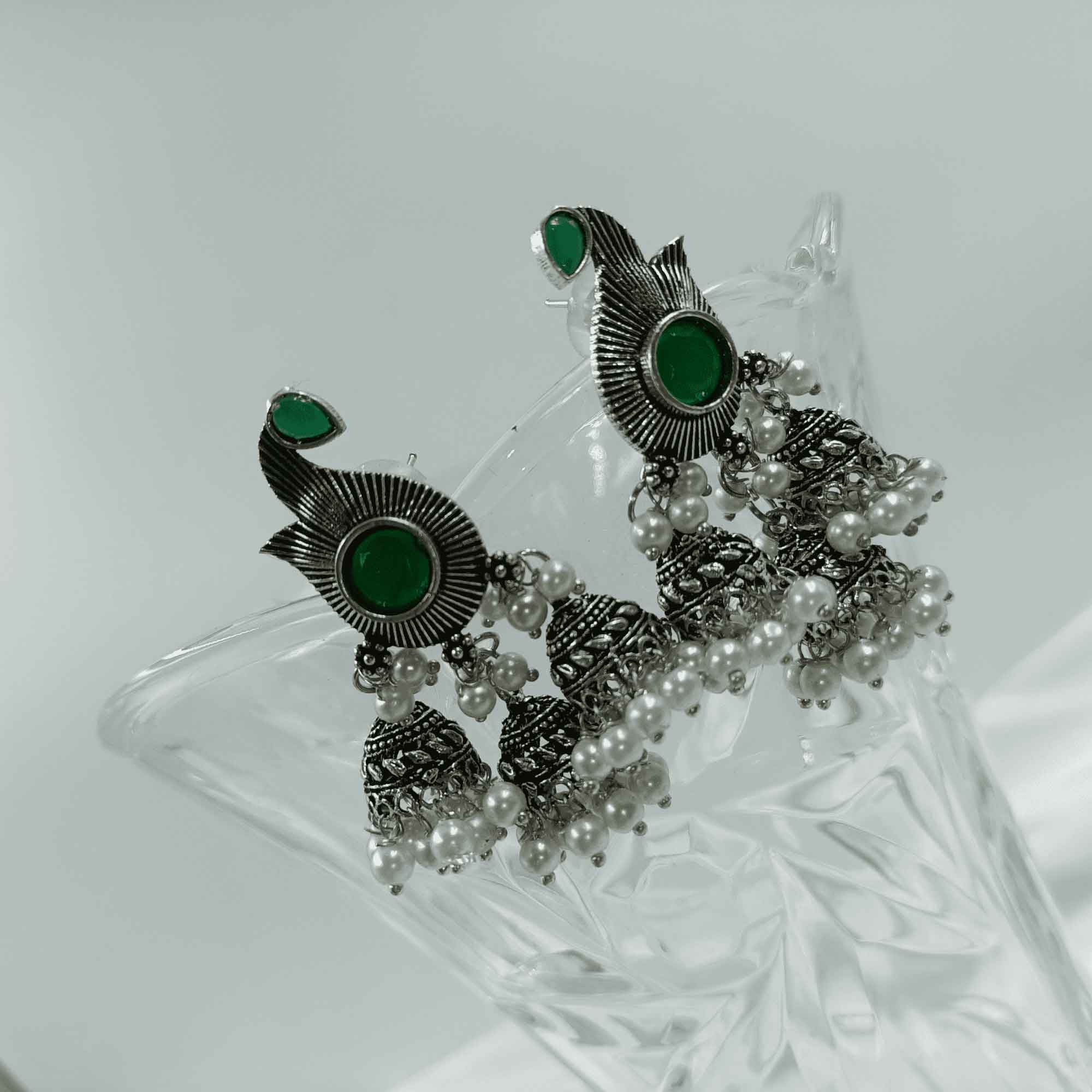 Vintage Silver Cascade Green Color Chandelier Zhumki Earrings