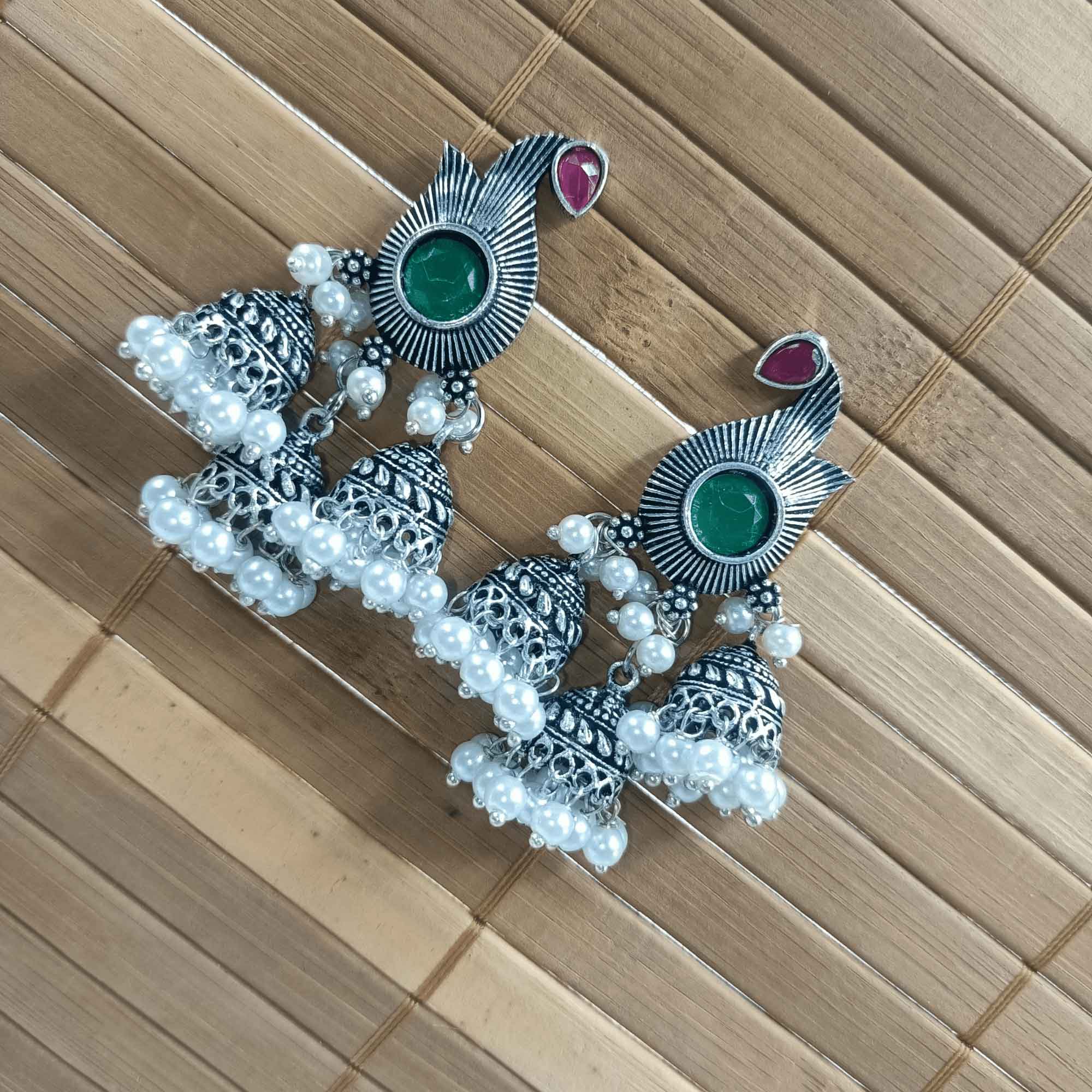 Vintage Silver Cascade Rani & Green Color Chandelier Zhumki Earrings