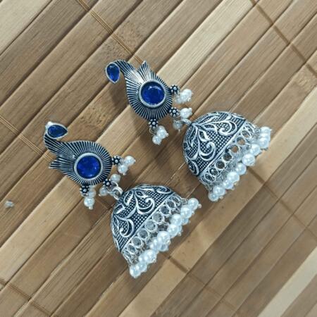 Radiant Oxidized Silver look Blue Color Zhumki Chandelier Earrings