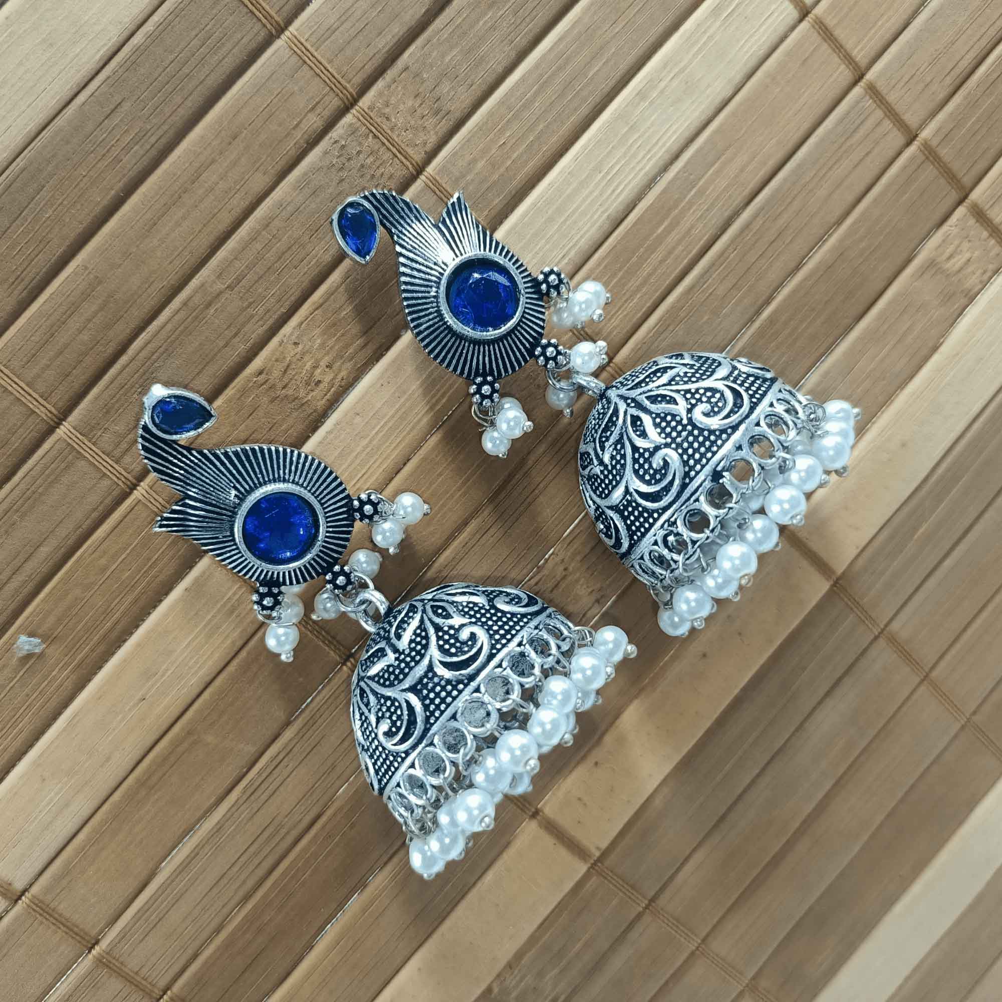 Radiant Oxidized Silver look Blue Color Zhumki Chandelier Earrings