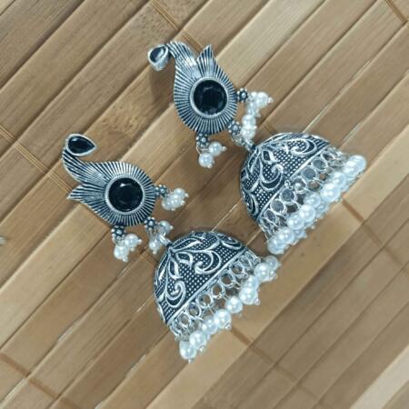 Radiant Oxidized Silver look Black Color Zhumki Chandelier Earrings