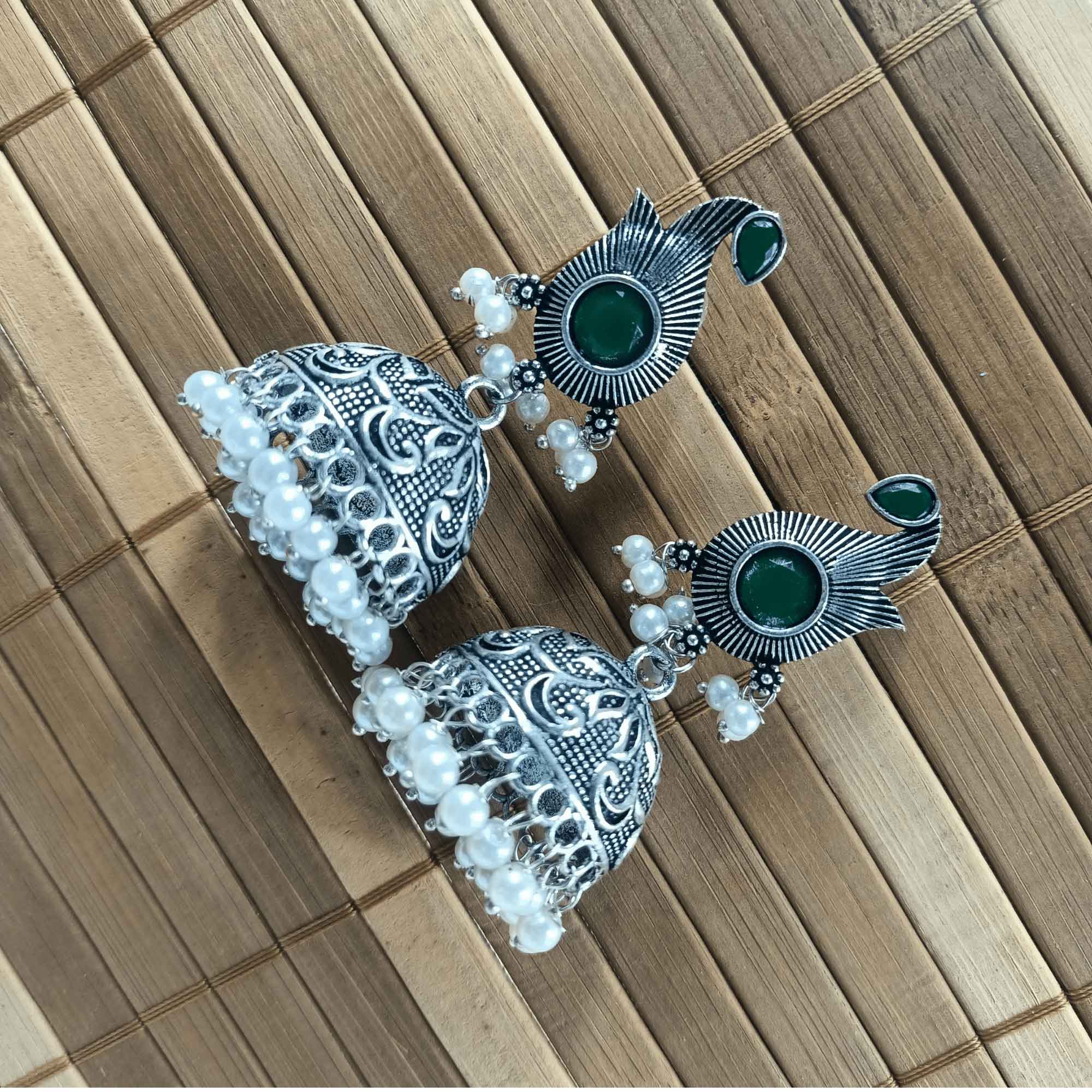 Radiant Oxidized Silver look Green Color Zhumki Chandelier Earrings