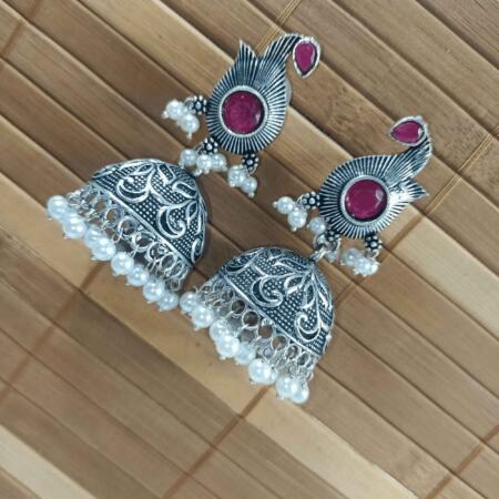 Radiant Oxidized Silver look Rani Red Color Zhumki Chandelier Earrings