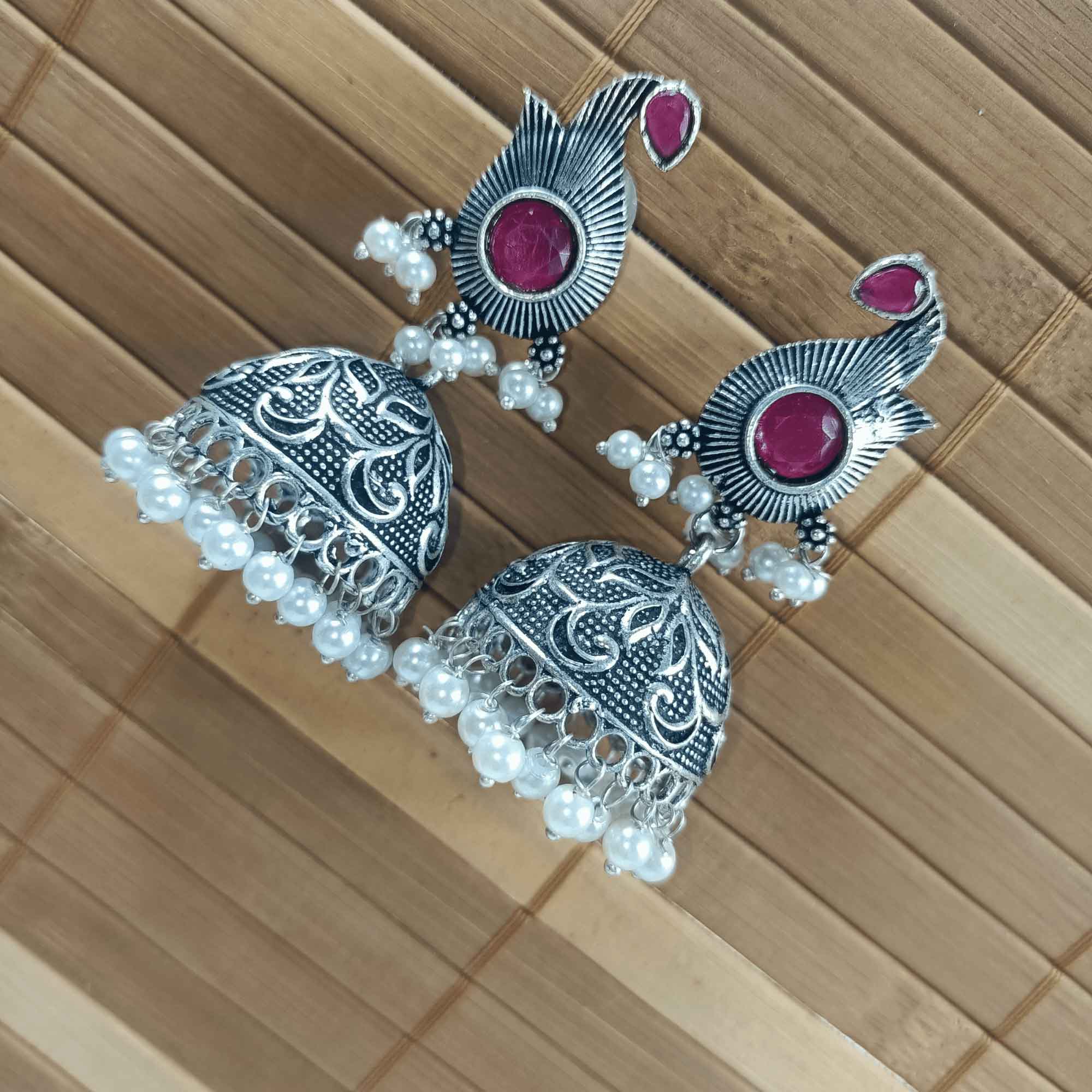 Radiant Oxidized Silver look Rani Red Color Zhumki Chandelier Earrings
