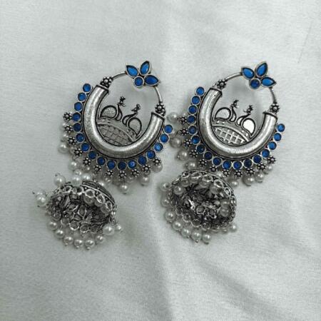 Radiant Oxidized Silver look Blue Color Zhumki Chandelier Earrings