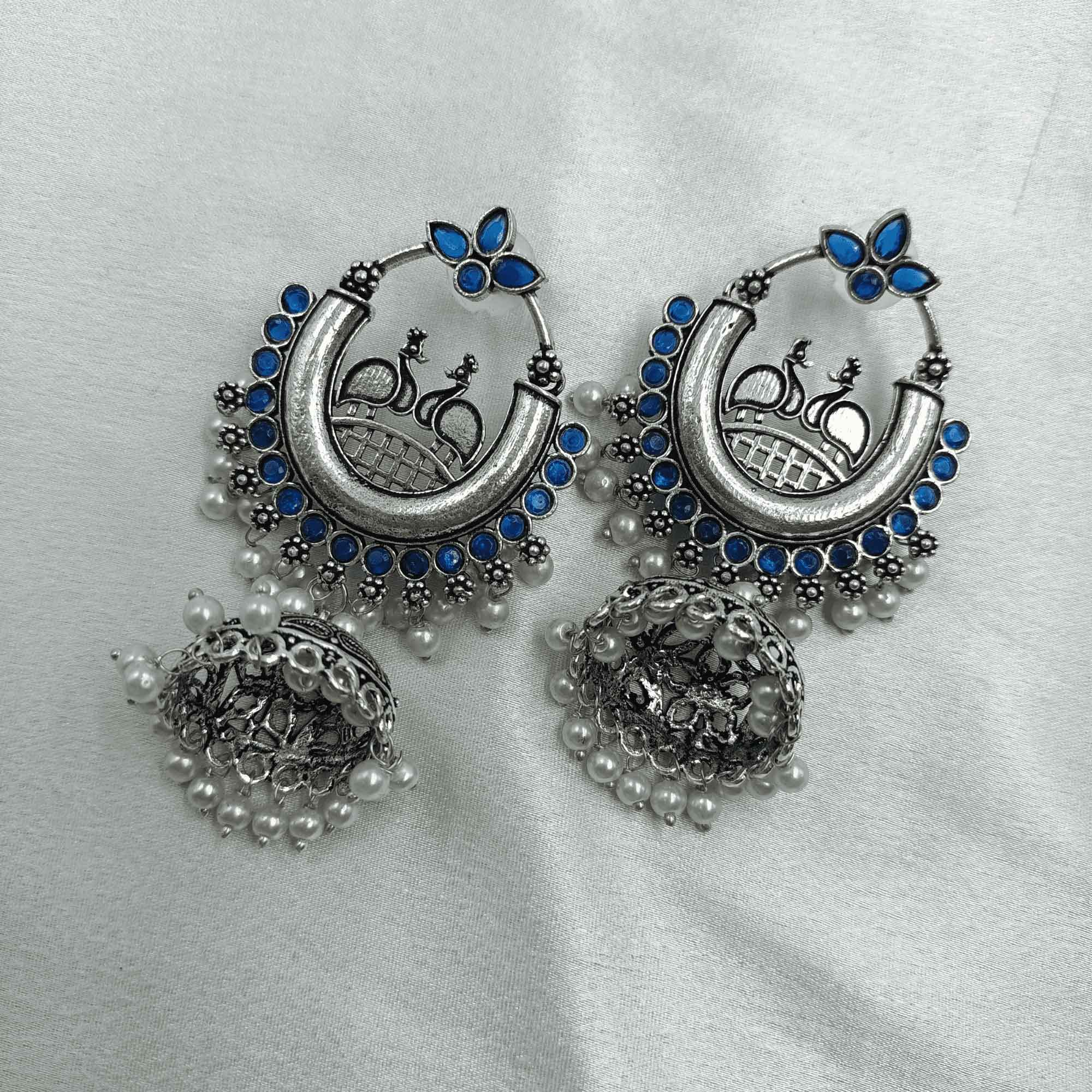 Radiant Oxidized Silver look Blue Color Zhumki Chandelier Earrings