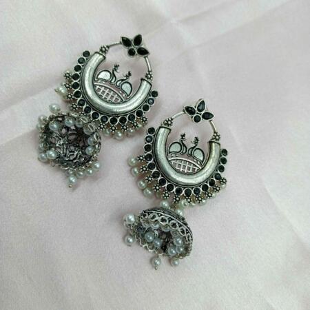 Radiant Oxidized Silver look Black Color Zhumki Chandelier Earrings