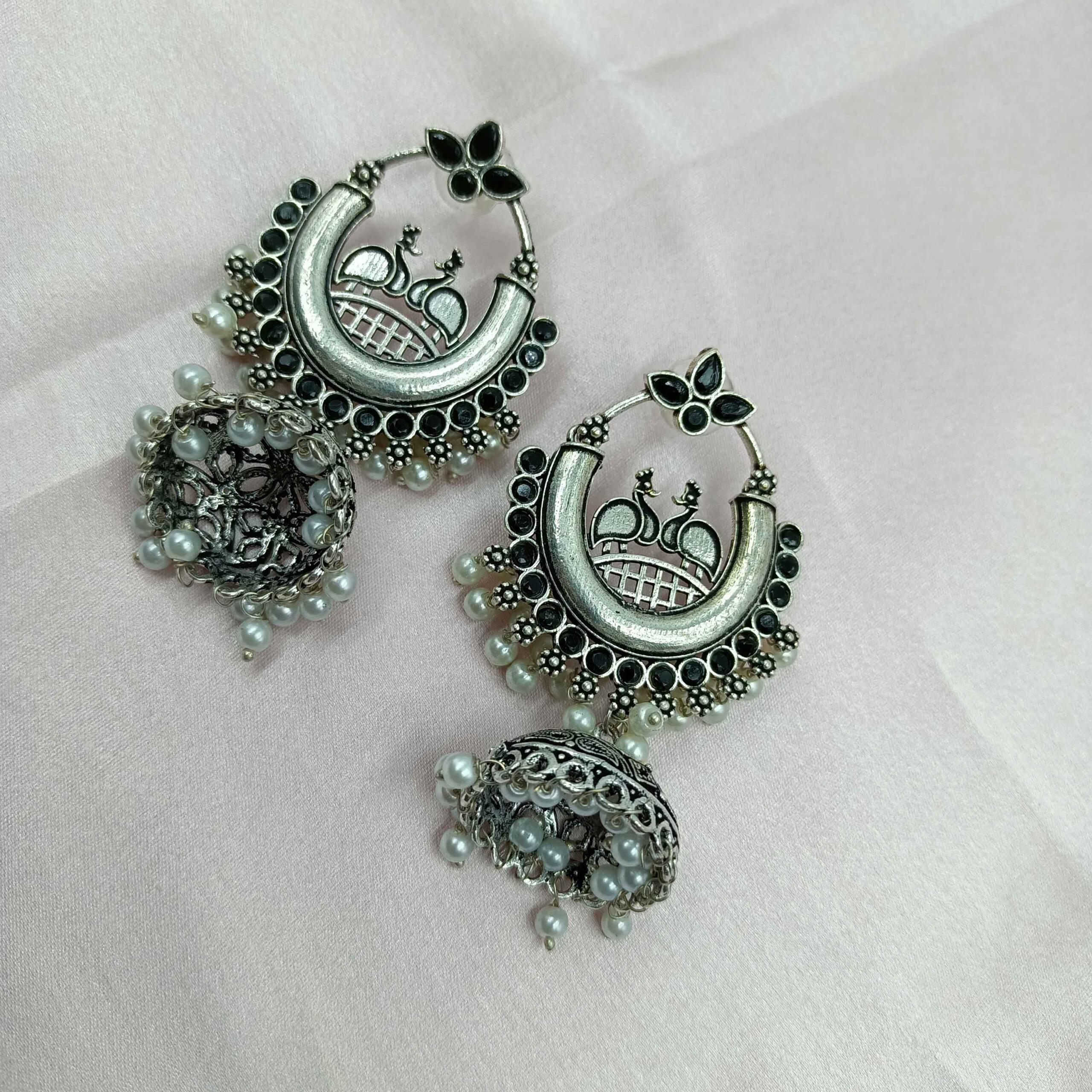 Radiant Oxidized Silver look Black Color Zhumki Chandelier Earrings