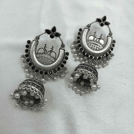 Radiant Oxidized Silver look Black Color Zhumki Chandelier Earrings