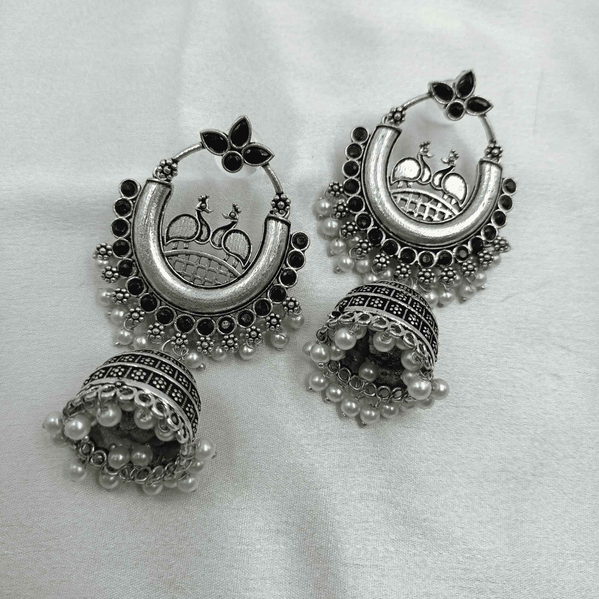 Radiant Oxidized Silver look Black Color Zhumki Chandelier Earrings
