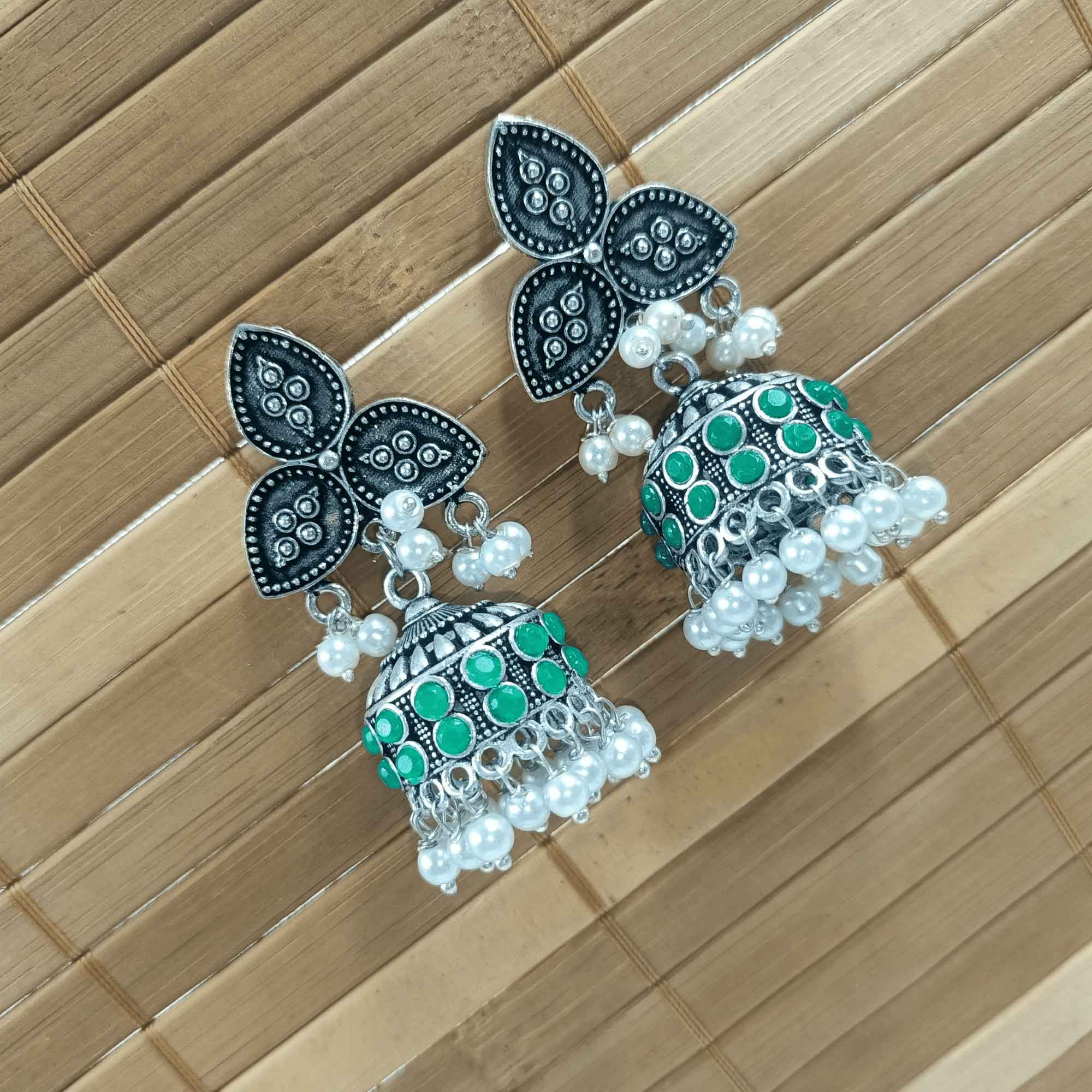 Vintage Silver Cascade Green Color Chandelier Zhumki Earrings