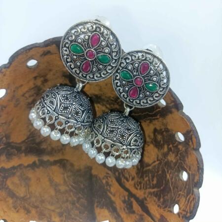Vintage Silver Cascade Rani & Green Color Chandelier Zhumki Earrings