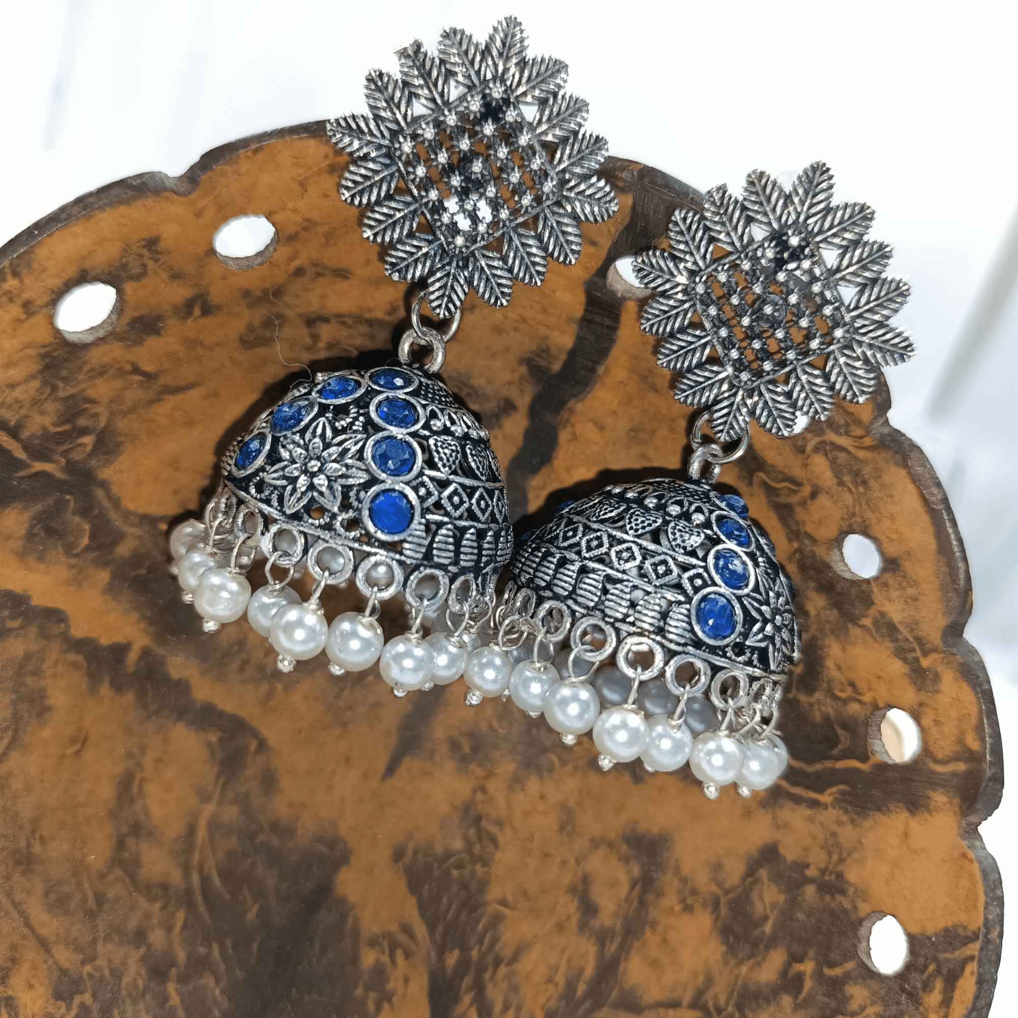 Radiant Oxidized Silver look Blue Color Zhumki Chandelier Earrings