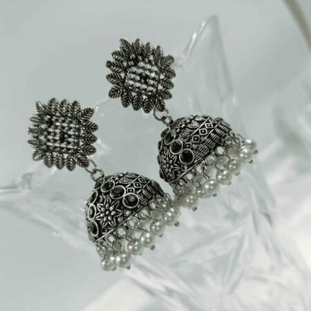 Radiant Oxidized Silver look Black Color Zhumki Chandelier Earrings