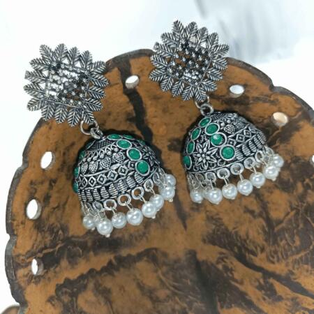 Radiant Oxidized Silver look Green Color Zhumki Chandelier Earrings