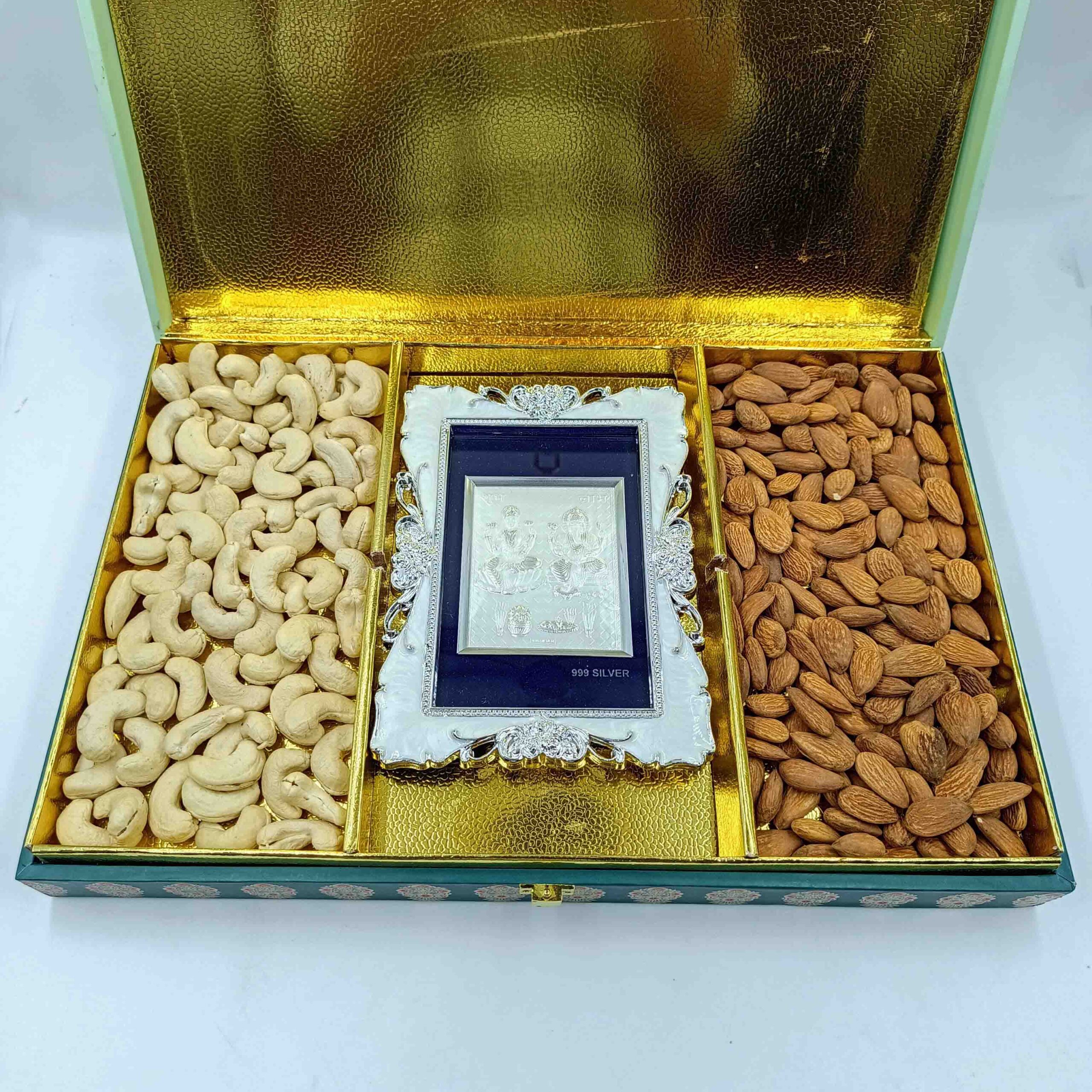 Sab Se Special Diwali Gift Hamper | Lakshmi Ganesh Photo in 999 Silver Frame (4 x 6 inches) with Premium Dry Fruit Box | 200g Cashews & 200g Almonds | Ideal Festive Gift for Family & Friends