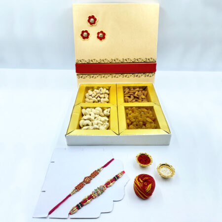 Raksha Bandhan Premium Gift Hamper | 400g Assorted Dry Fruits – Almonds, Cashews, Pistachios & Raisins | Designer Rakhi Set with Roli, Chawal & Moli | Luxury Rakhi Gift Box for Brother & Bhaiya-Bhabhi