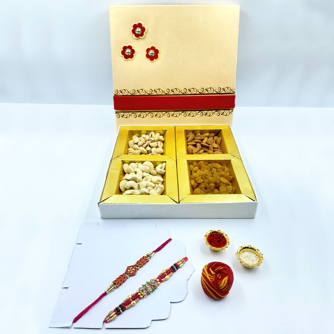 Raksha Bandhan Premium Gift Hamper | 400g Assorted Dry Fruits – Almonds, Cashews, Pistachios & Raisins | Designer Rakhi Set with Roli, Chawal & Moli | Luxury Rakhi Gift Box for Brother & Bhaiya-Bhabhi