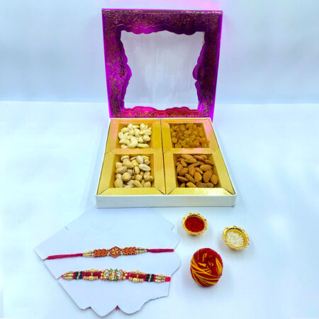 Premium Raksha Bandhan Gift Hamper | Designer Rakhi Set with 300g Assorted Dry Fruits (Almonds, Cashews, Pistachios, Raisins) | Includes Roli, Chawal & Moli | Elegant Rakhi Gift Box for Brother, Bhaiya-Bhabhi & Family