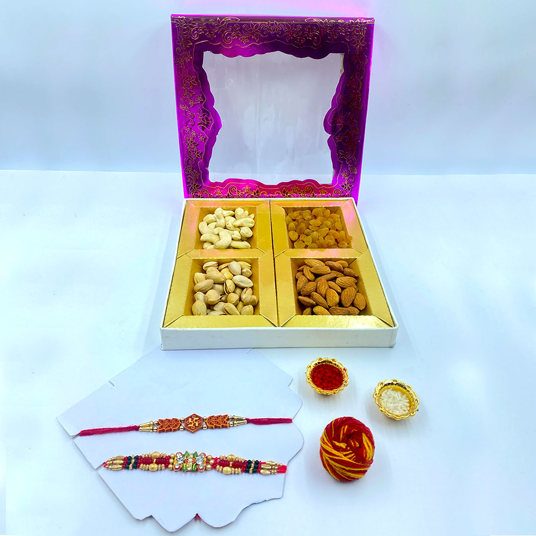 Premium Raksha Bandhan Gift Hamper | Designer Rakhi Set with 300g Assorted Dry Fruits (Almonds, Cashews, Pistachios, Raisins) | Includes Roli, Chawal & Moli | Elegant Rakhi Gift Box for Brother, Bhaiya-Bhabhi & Family