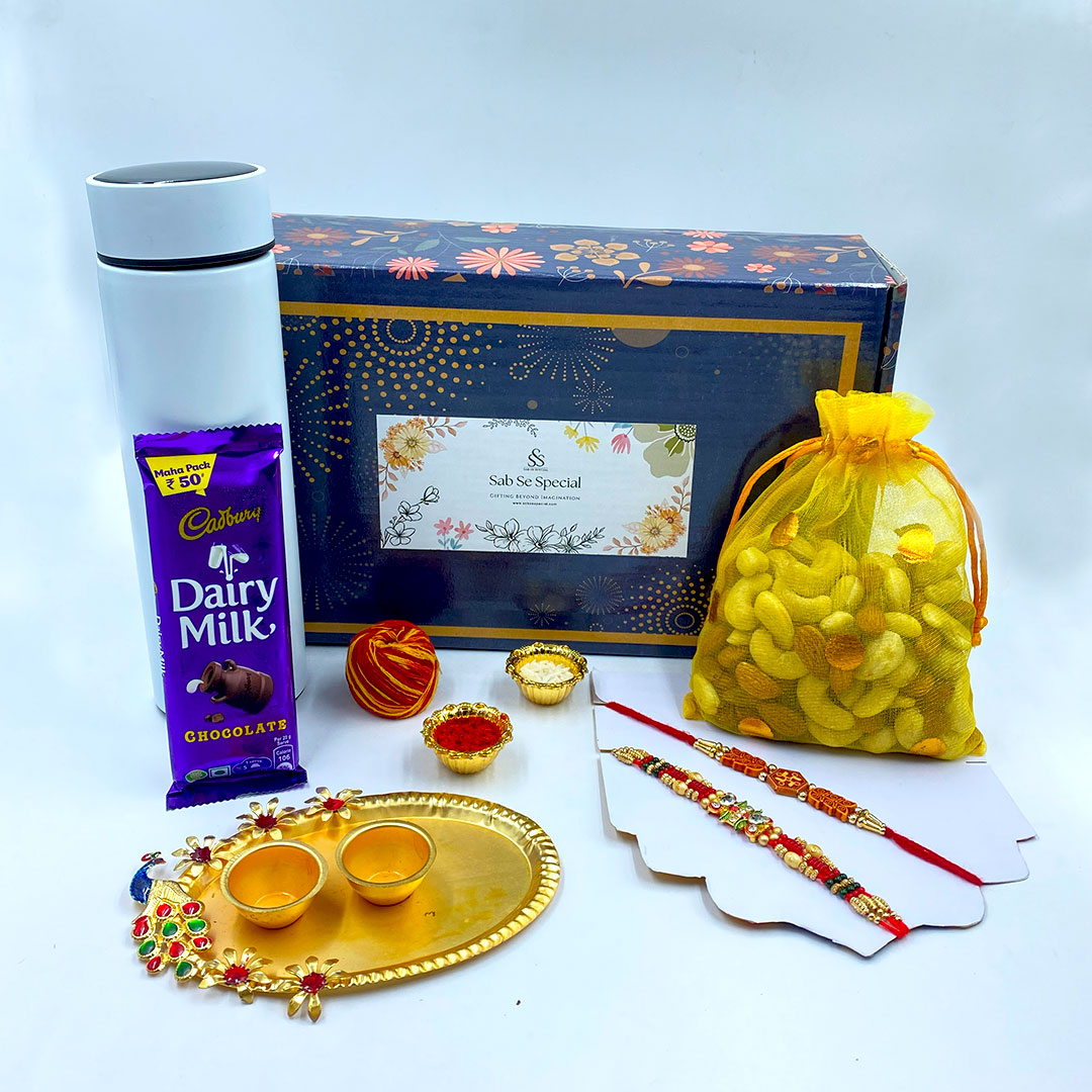 Premium Rakhi Gift Hamper | 300g Dry Fruits (Almonds, Cashews, Raisins) + 500ml Smart Temperature Bottle + Designer Rakhi Set with Puja Thali, Roli, Chawal & Chocolate | Unique Raksha Bandhan Gift Box for Brother